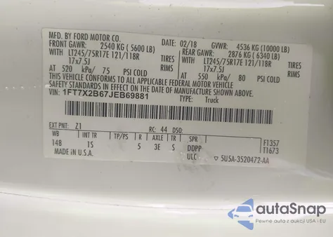 2018 Ford F-250 Xl z USA, uszkodzony, nr VIN 1FT7X2B67JEB69881